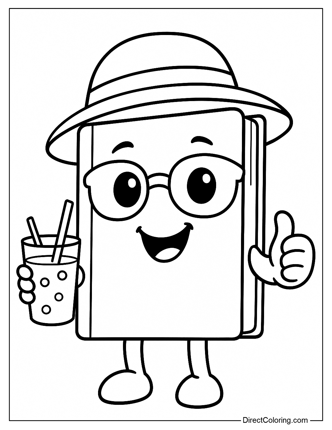 Coloring page of a book with smiling eyes, wearing a summer hat, holding a glass of water